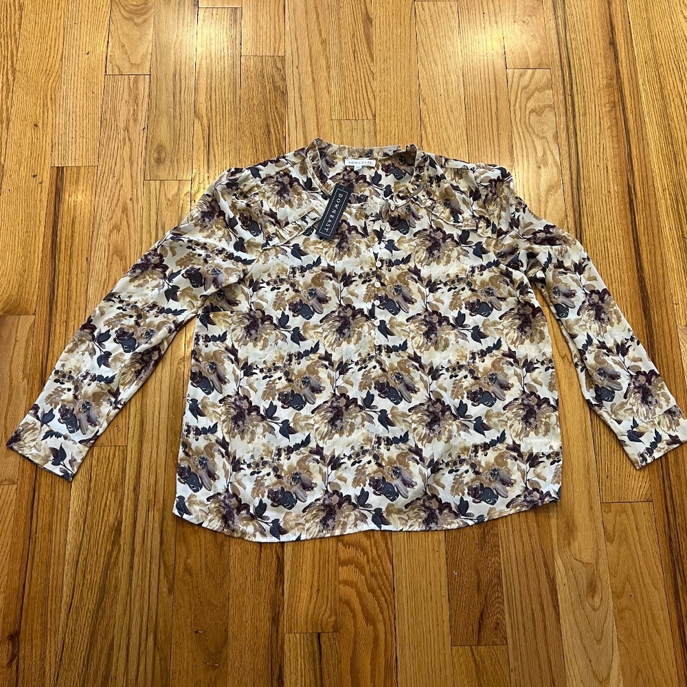 NWT NEW Downeast floral blouse top beige cream purple long sleeve size XL